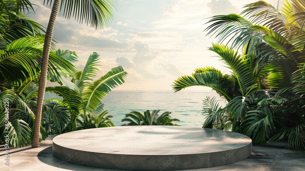 A round podium in a tropical environment with palm trees A round podium in a tropical environment with palm trees