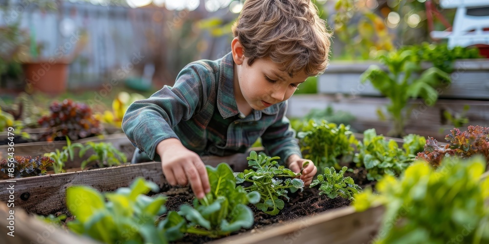 medium shots , Boy taking care of small vegetable plants in raised bed with bare hands Childhood outdoors in garden medium shots , Boy taking care of small vegetable plants in raised bed with bare hands Childhood outdoors in garden