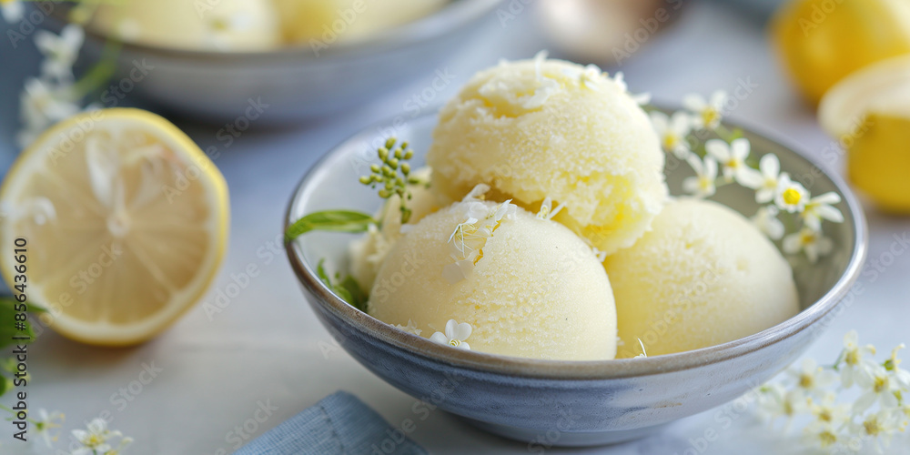 Refreshing lemon and elderflower sorbet, a closeup of refreshing lemon and elderflower sorbet, its light color and subtle floral notes set against a clean background Refreshing lemon and elderflower sorbet, a closeup of refreshing lemon and elderflower sorbet, its light color and subtle floral notes set against a clean background