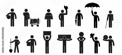 a set of pictographs of a human figure with different objects, a pictogram, a flat vector illustration