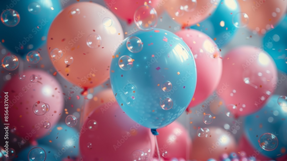 A close-up shot of colorful balloons with bubbles floating around them, capturing the festive atmosphere of a childrens party. A close-up shot of colorful balloons with bubbles floating around them, capturing the festive atmosphere of a childrens party.