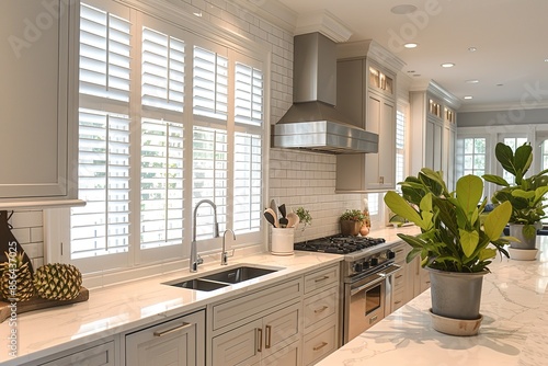 White grey minimal kitchen subway tile stainless steel appliance modern plantation shutters sink interior design.