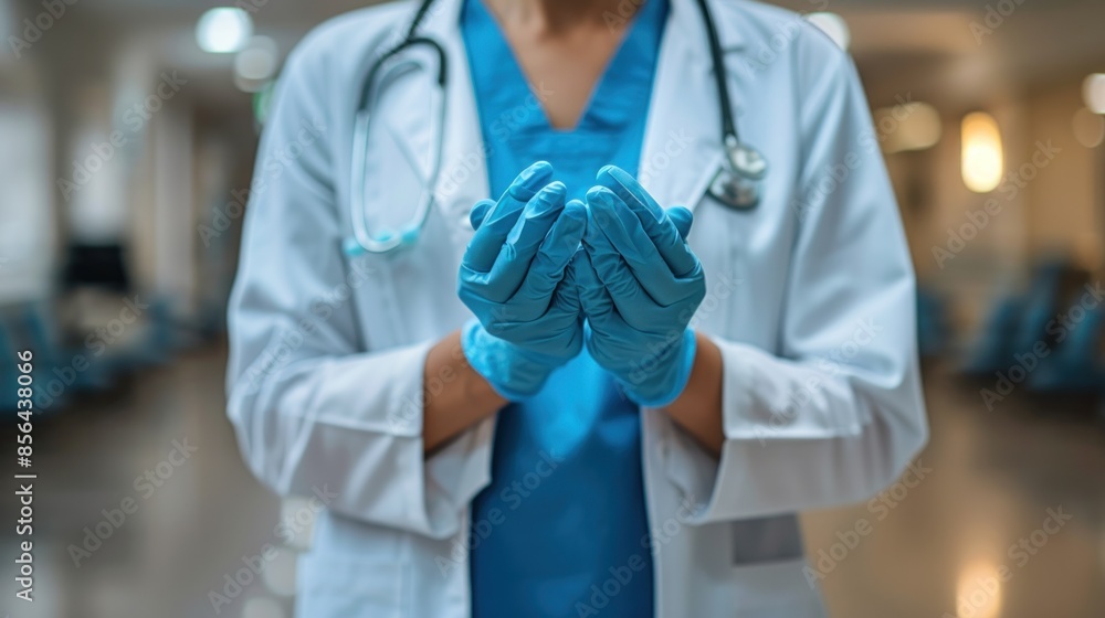 A doctor wearing a white coat and blue gloves holds his hands together. Concept of professionalism and care