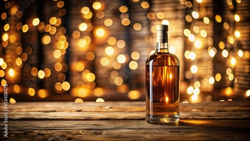 Bottle of fine whisky displayed on rustic oak bar with label shimmering under warm lights, whisky, fine, display