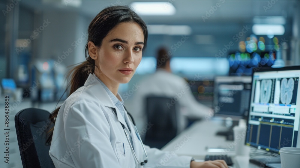 A woman in a white lab coat is sitting at a computer with a serious expression on her face A woman in a white lab coat is sitting at a computer with a serious expression on her face