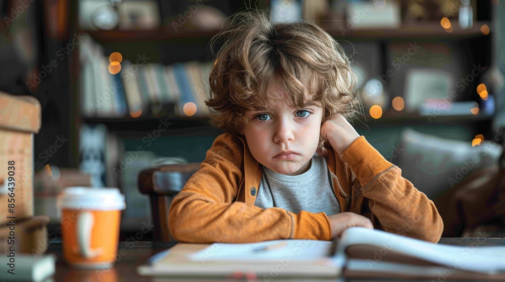 A child sitting at a desk, struggling with homework, and visibly frustrated, illustrating the impact of mental health on academic performance and concentration. Illustration, Minimalism, A child sitting at a desk, struggling with homework, and visibly frustrated, illustrating the impact of mental health on academic performance and concentration. Illustration, Minimalism,