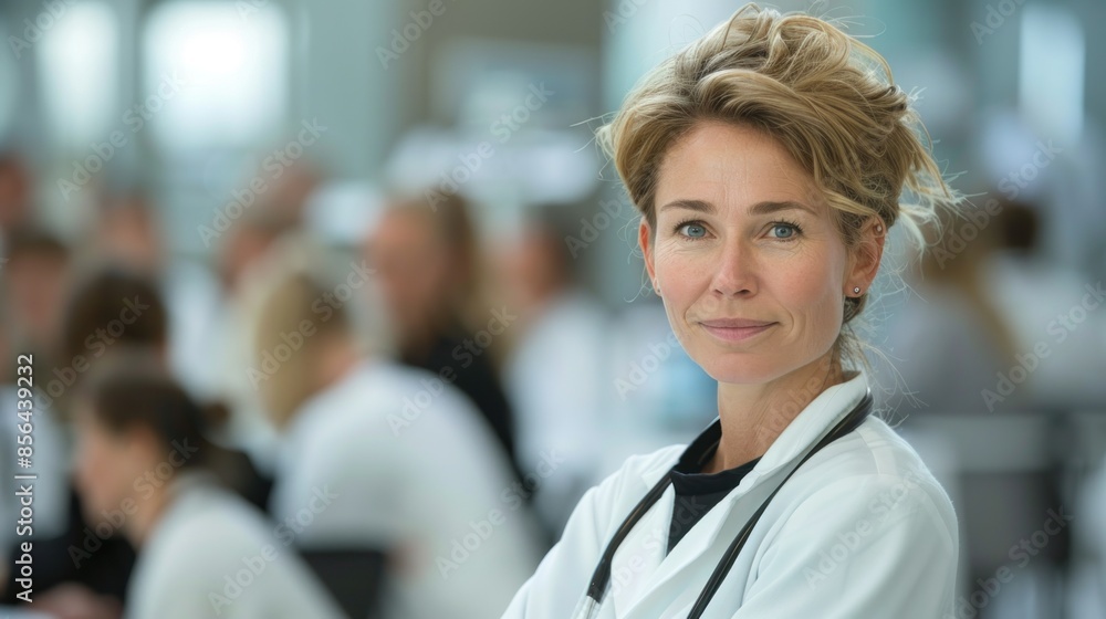 A woman in a white lab coat is smiling for the camera. She is surrounded by other people, some of whom are also wearing lab coats. The scene appears to be a medical setting A woman in a white lab coat is smiling for the camera. She is surrounded by other people, some of whom are also wearing lab coats. The scene appears to be a medical setting