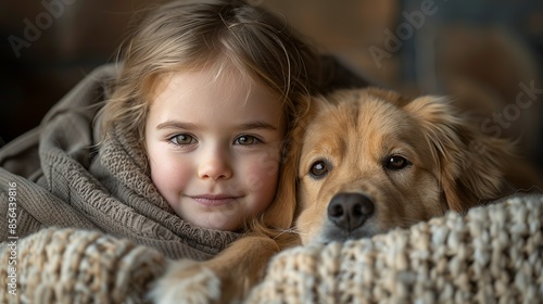 A child cuddled up with a pet, demonstrating the therapeutic bond between animals and humans in reducing stress. Illustration, Minimalism,