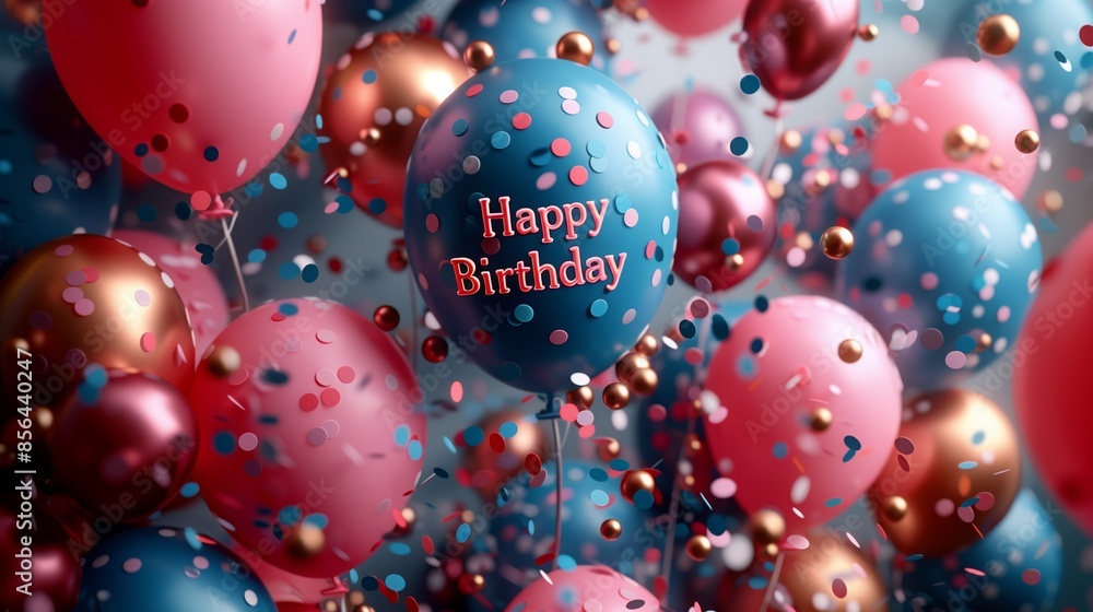 A festive backdrop of pink, blue, and gold balloons with confetti falling around them, featuring a large balloon with the message Happy Birthday in pink letters. A festive backdrop of pink, blue, and gold balloons with confetti falling around them, featuring a large balloon with the message Happy Birthday in pink letters.