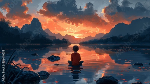 A child practicing visualization techniques, imagining a peaceful place to escape stress and anxiety. Illustration, Minimalism, photo
