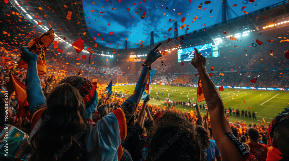 Fototapeta premium Excited soccer fans celebrate in a packed stadium, with confetti in the air, under vibrant lights during a night match.