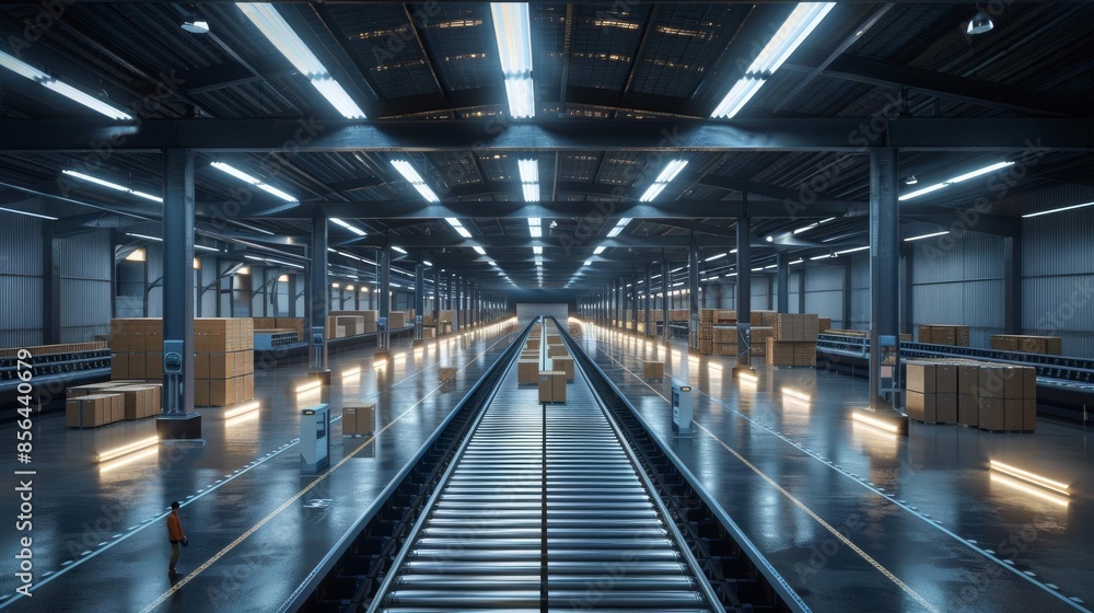 A large, modern warehouse with a long conveyor belt running through the center A large, modern warehouse with a long conveyor belt running through the center