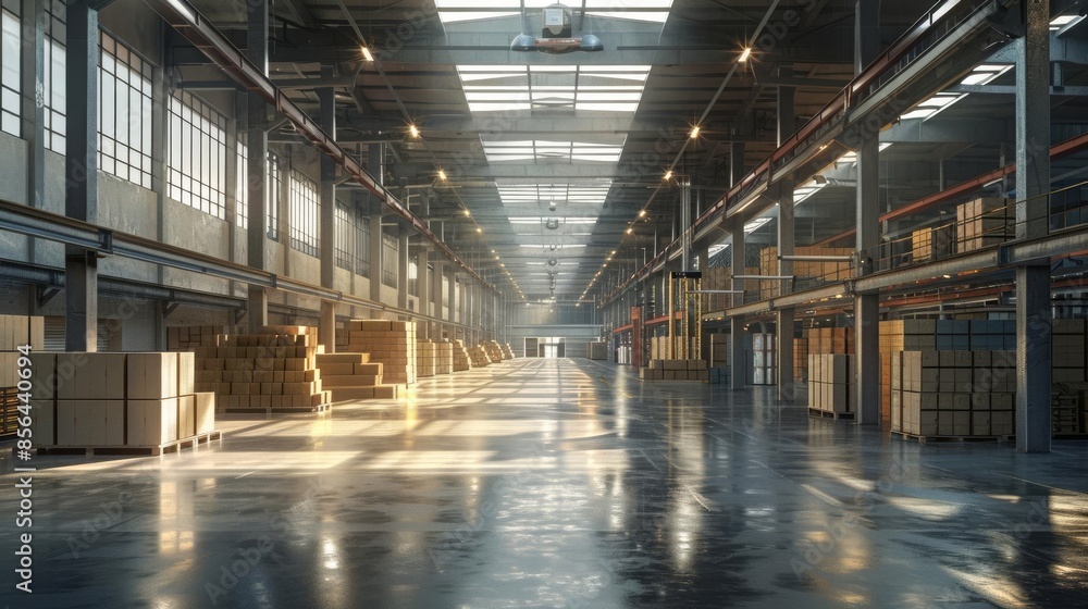 A large, modern warehouse with a high ceiling and large windows A large, modern warehouse with a high ceiling and large windows