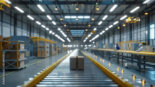 A box travels along a conveyor belt in a modern automated warehouse.