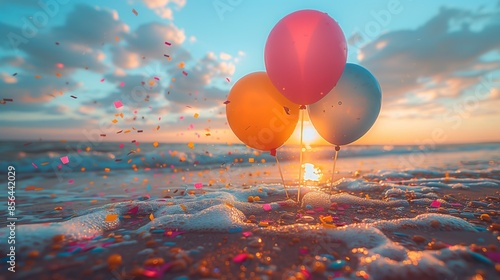 Three colorful balloons and confetti are strewn across a sandy beach at sunset, with waves gently lapping at the shore. photo