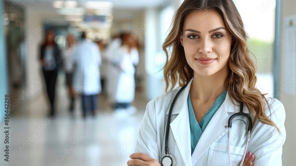 Fototapeta premium A woman in a white coat is posing for a picture in a hospital hallway. She is smiling and she is a doctor