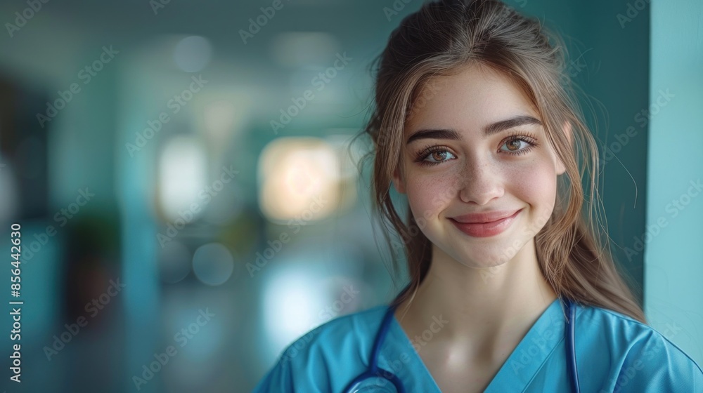 A woman in a blue scrubs is smiling and posing for a picture. She is wearing a stethoscope around her neck A woman in a blue scrubs is smiling and posing for a picture. She is wearing a stethoscope around her neck