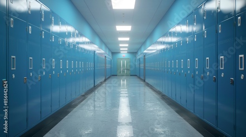 Empty School Hallway with Blue Lockers, Generative AI © studio clever
