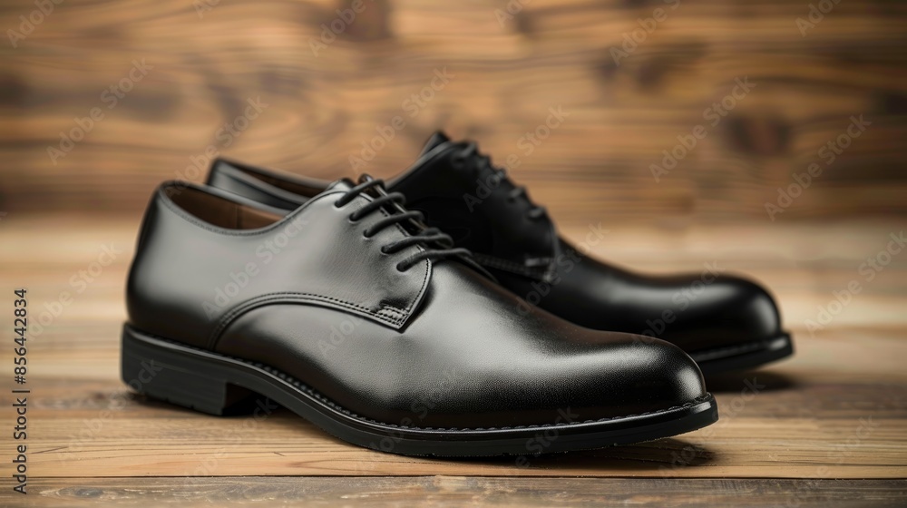 Men s black leather shoes on wooden surface Men s black leather shoes on wooden surface