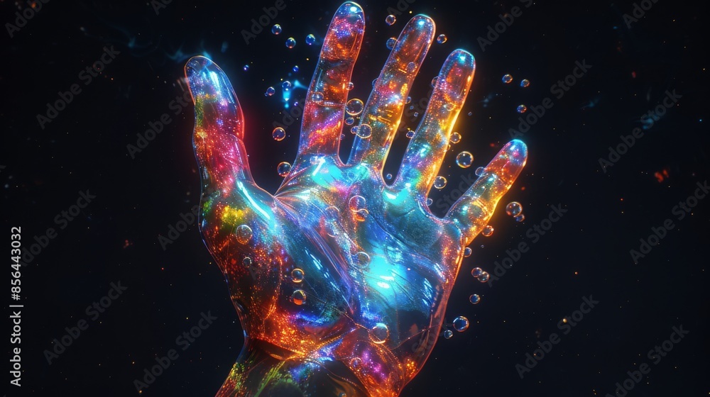 Ethereal Holographic Hand in Space, Liquid Glass with Colorful Bubbles, Spread Finger Palm, Dark Background, 3D Render, Sci-Fi Theme Ethereal Holographic Hand in Space, Liquid Glass with Colorful Bubbles, Spread Finger Palm, Dark Background, 3D Render, Sci-Fi Theme