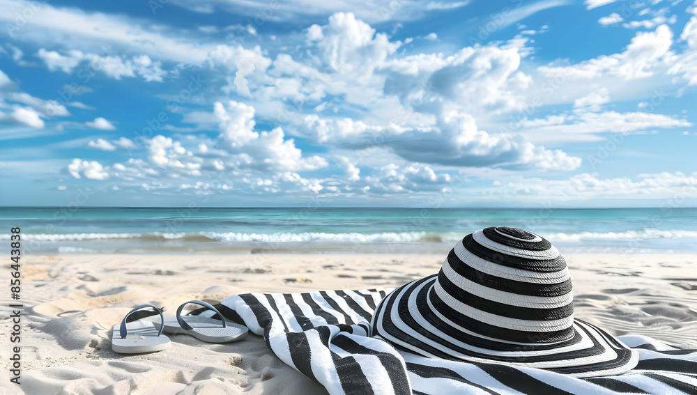 Obraz premium A striped beach towel and hat lay on a white sandy beach under a bright blue sky.