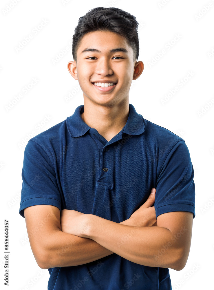 A smiling Asian teenage boy wearing a dark blue polo shirt with arms crossed, isolated on a transparent background. A smiling Asian teenage boy wearing a dark blue polo shirt with arms crossed, isolated on a transparent background.