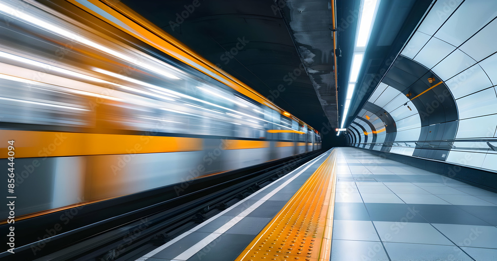 A yellow subway train speeds through a modern underground station, creating a blur of motion. A yellow subway train speeds through a modern underground station, creating a blur of motion.