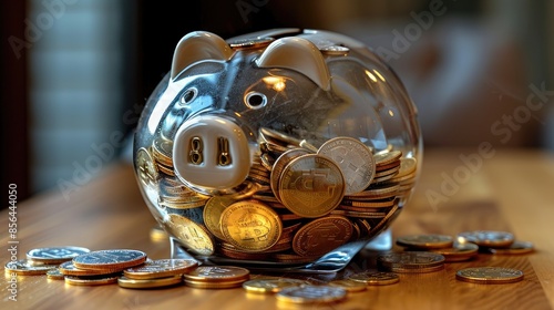 An image of a houseshaped piggy bank overflowing with golden coins, representing the idea of saving for a dream home or real estate investment 8K , high-resolution, ultra HD,up32K HD   photo