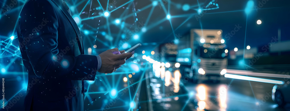 Businessman holding phone with digital network in background. Businessman holding phone with digital network in background.