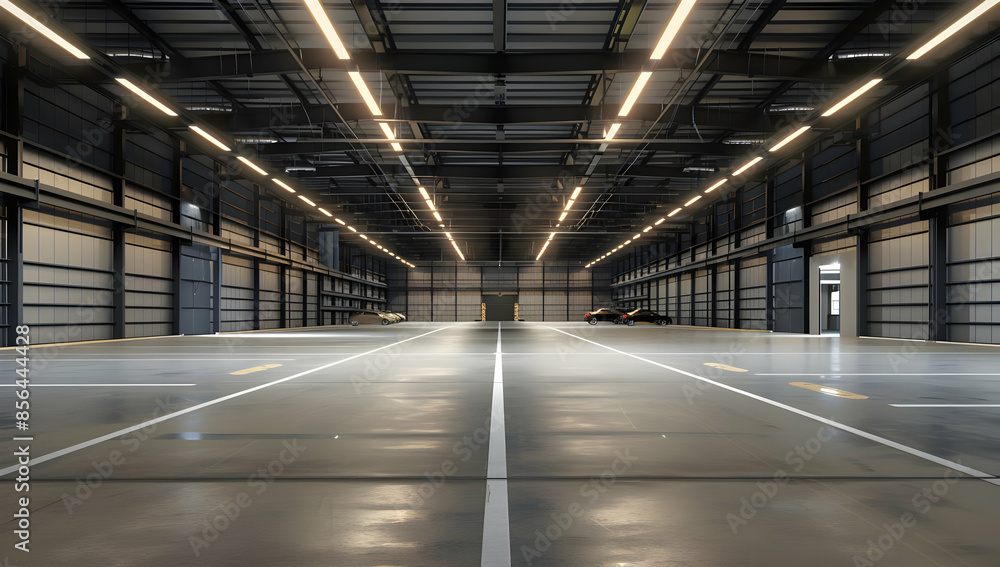 Empty industrial warehouse with bright lighting and concrete floor. Empty industrial warehouse with bright lighting and concrete floor.