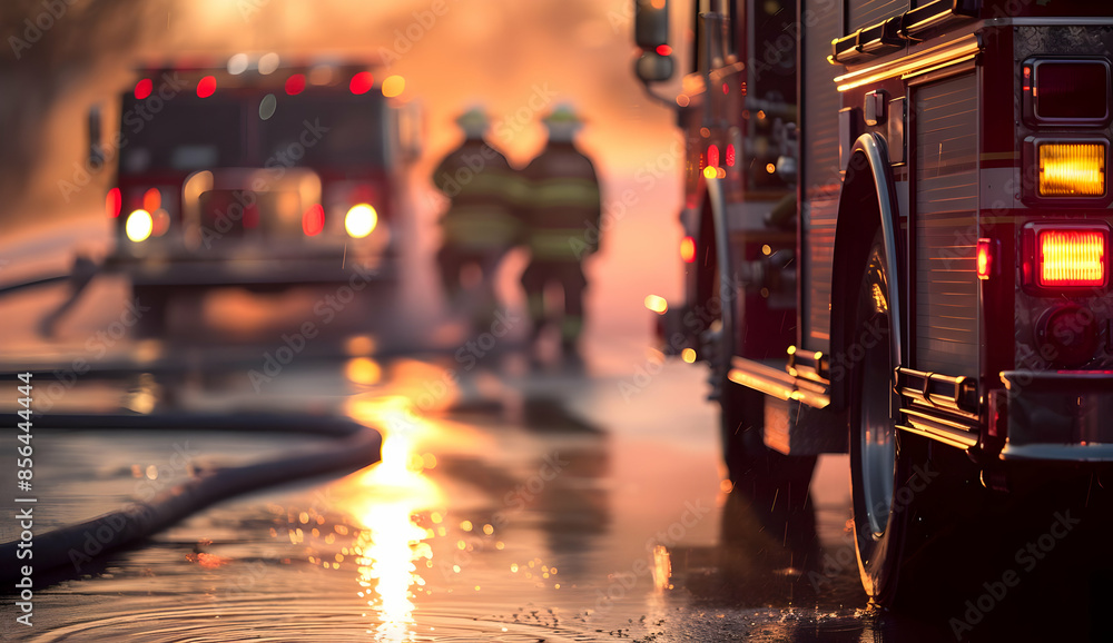 Firefighters in action, hose in foreground, fire truck and flames in background. Firefighters in action, hose in foreground, fire truck and flames in background.