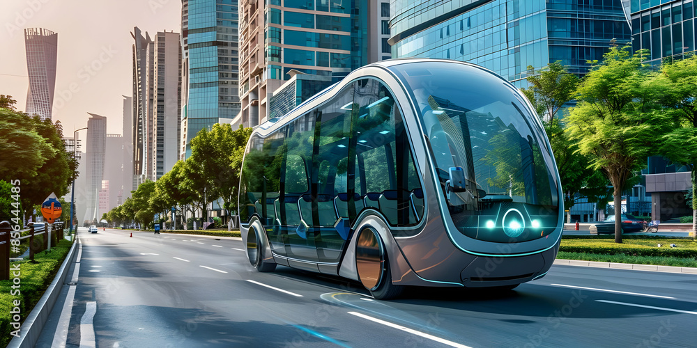 Obraz premium Futuristic electric bus driving through a modern city.