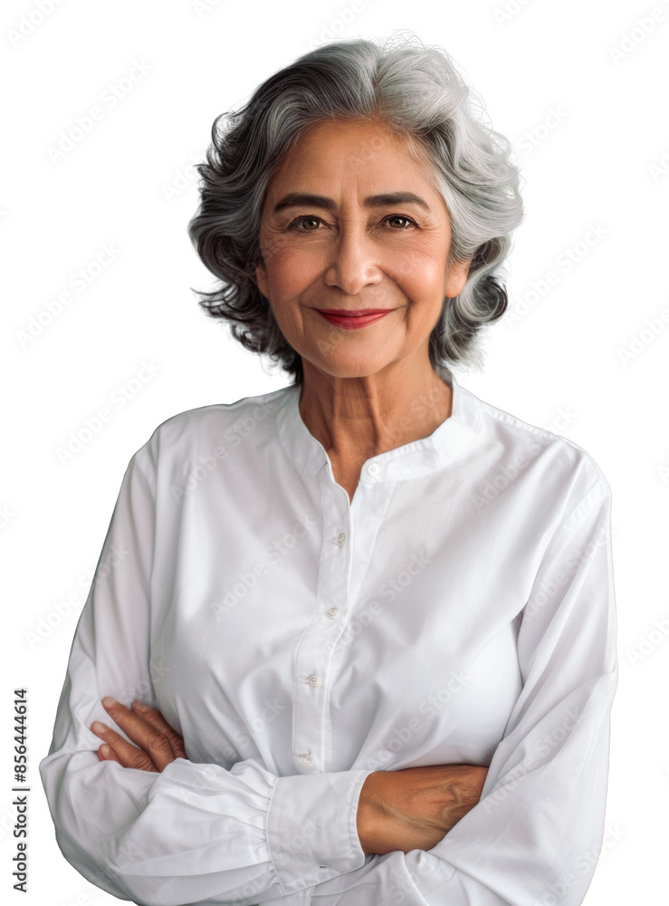 A smiling elderly Hispanic woman wearing a white blouse, standing with arms crossed, isolated on a transparent background. A smiling elderly Hispanic woman wearing a white blouse, standing with arms crossed, isolated on a transparent background.