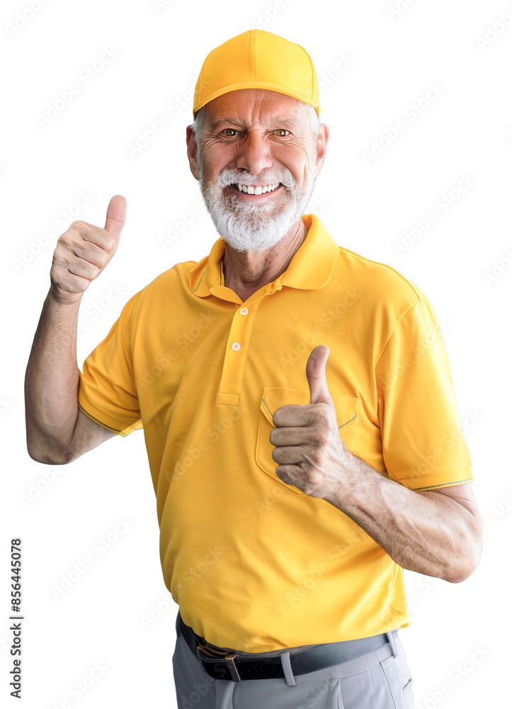 An elderly Caucasian man in a yellow polo shirt and cap, giving double thumbs up, isolated on a transparent background. An elderly Caucasian man in a yellow polo shirt and cap, giving double thumbs up, isolated on a transparent background.