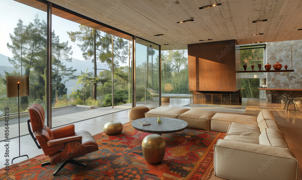 Fototapeta premium Wright Style (Japandi, Retro 60s) Living Room Design. Architecture, modern, wood, home, windows, garden