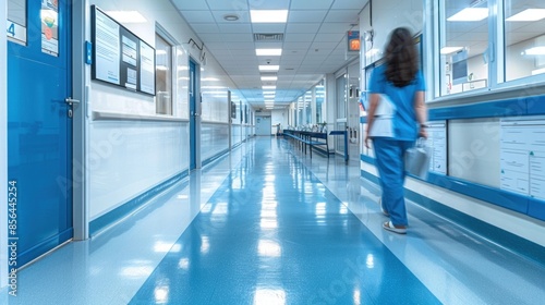A woman in a blue scrubs walks down a hallway in a hospital. The hallway is clean and well-lit, with a blue and white color scheme. The woman is carrying a tray