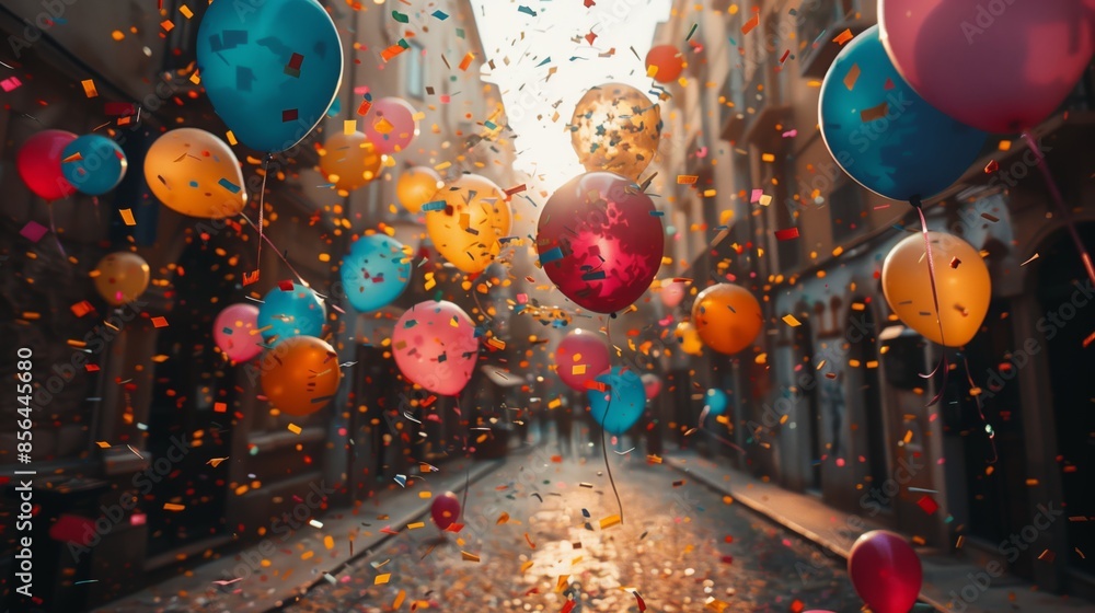 A vibrant street scene with balloons and confetti flying through the air during a festive music festival.