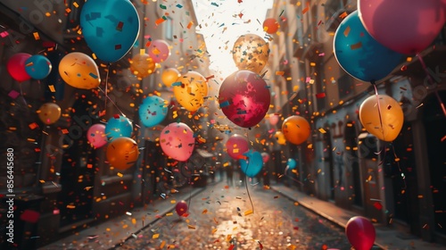 Obraz na płótnie A vibrant street scene with balloons and confetti flying through the air during a festive music festival. w salonie