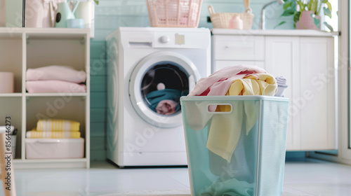 Laundry Design Interior with Pastel Colors. Washing clothes in the washing machine