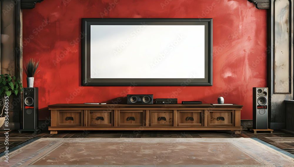 Modern home theater with a large blank screen, perfect for showcasing movies, presentations, or artwork. The rustic wood cabinet and red wall add character. Modern home theater with a large blank screen, perfect for showcasing movies, presentations, or artwork. The rustic wood cabinet and red wall add character.