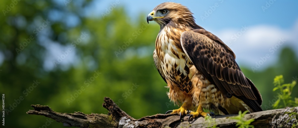 Fototapeta premium Majestic Hawk perched high on a tree demonstrating vigilance and patience while scanning for prey in natural setting