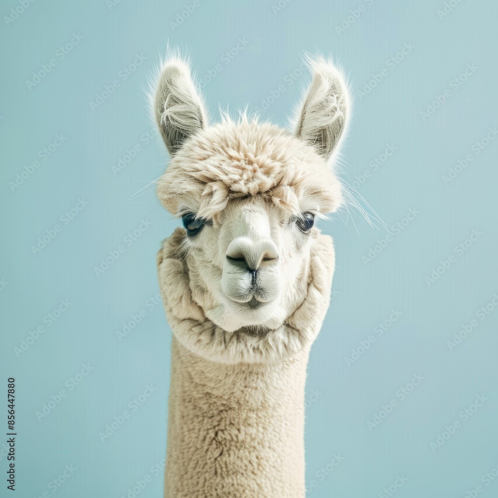 Obraz premium Curious Alpaca Poses for Camera Against Light Blue Background in Artistic Animal Portrait Shot