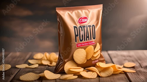 
Potatoes chips package template. Potato crisps packing in realistic style vector illustration, hot potatos chip snacking packaging bag, snacks packet
