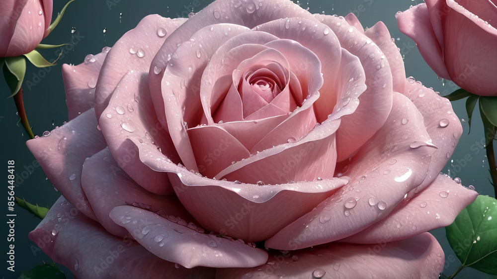 Beautiful pink roses with water drops on petals, generative Ai