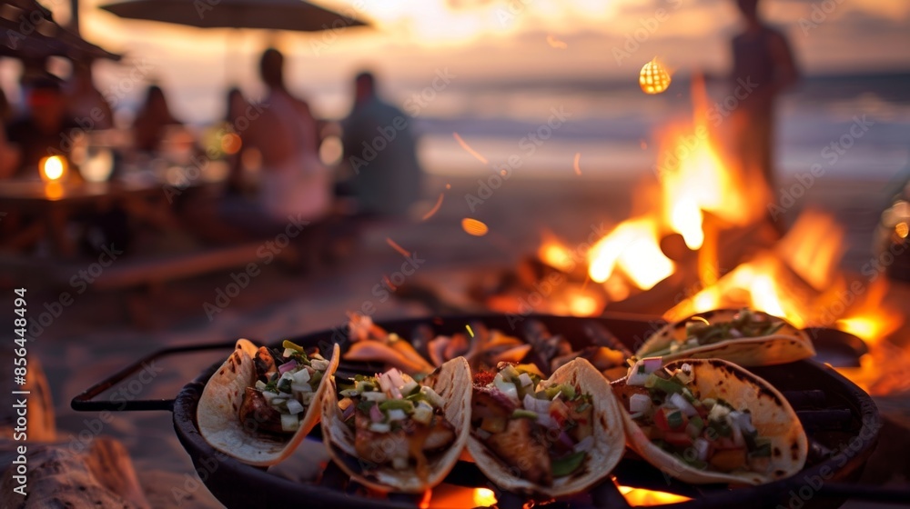 Homemade fish tacos sizzle on the grill as a group of beachgoers gather around a fire pit eagerly awaiting their savory beachside dinner. Homemade fish tacos sizzle on the grill as a group of beachgoers gather around a fire pit eagerly awaiting their savory beachside dinner.