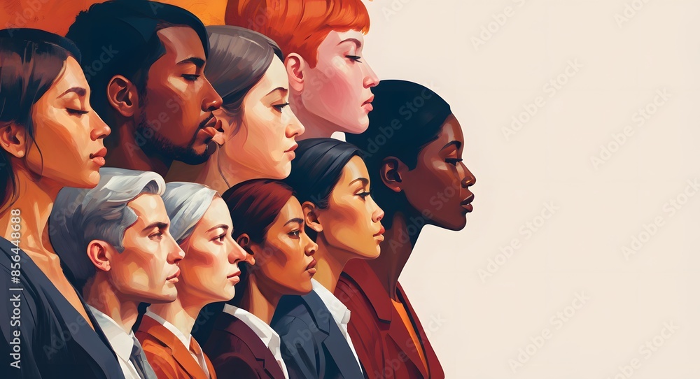 Side profile of a diverse group of people standing in a row with their heads turned to the side, 3D abstract art. Side profile of a diverse group of people standing in a row with their heads turned to the side, 3D abstract art.