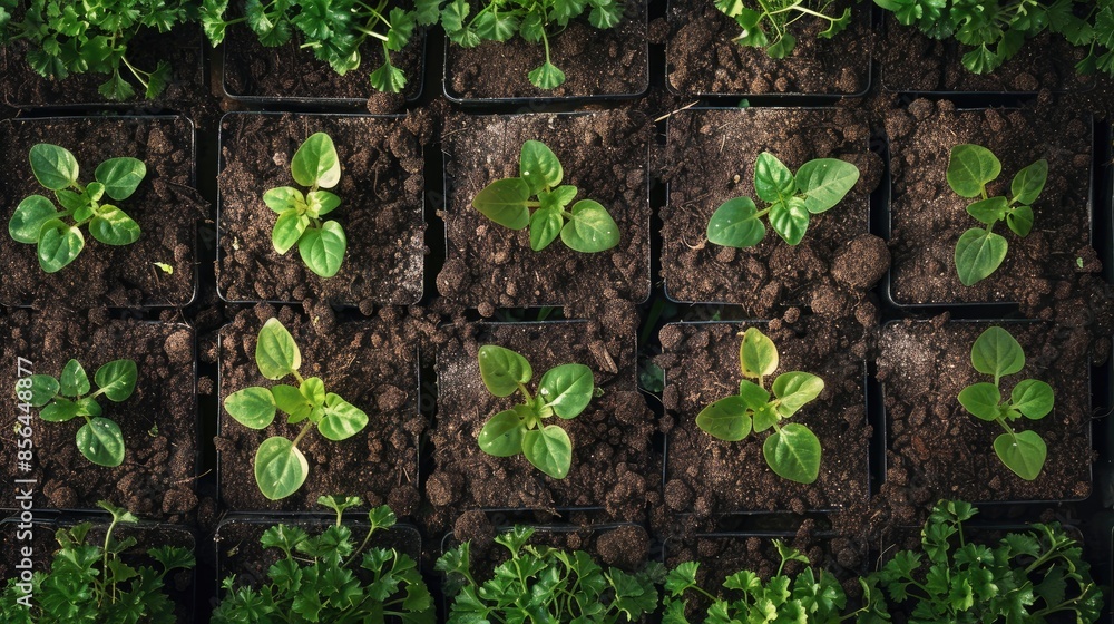 Arranged vegetable plots with seedlings for salad Arranged vegetable plots with seedlings for salad