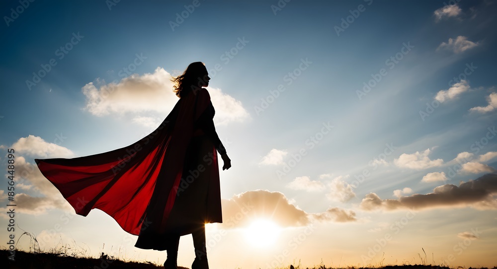 Silhouette of a superhero businesswoman wearing a cape against a bright sky, businesswoman success concept, superhero businesswoman. Silhouette of a superhero businesswoman wearing a cape against a bright sky, businesswoman success concept, superhero businesswoman.