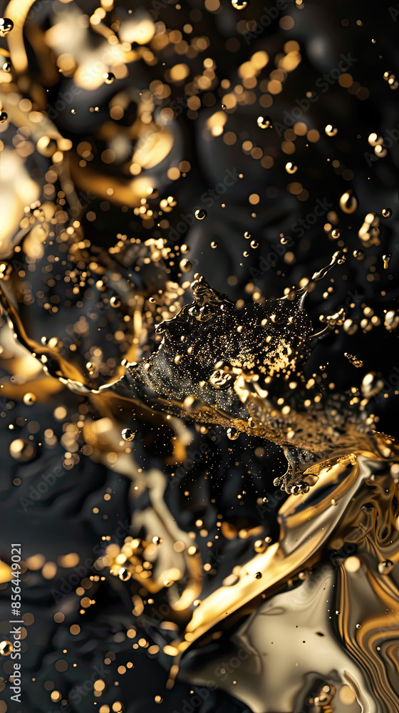 Detailed metallic paint splashes on black and gold background, shimmering and high gloss. Detailed metallic paint splashes on black and gold background, shimmering and high gloss.