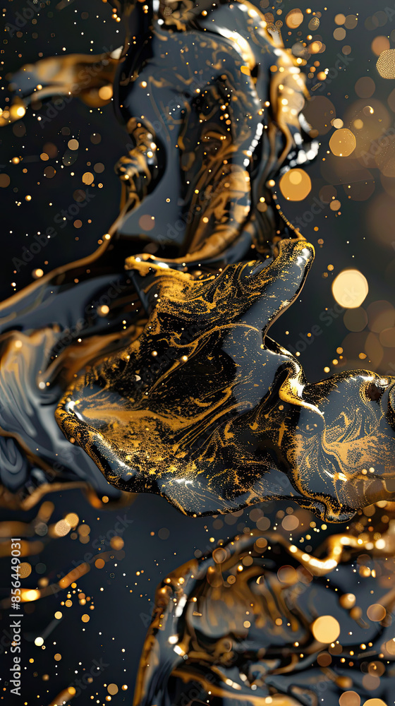 Intricate metallic paint splashes with glitter on black and gold, high gloss, and bokeh. Intricate metallic paint splashes with glitter on black and gold, high gloss, and bokeh.